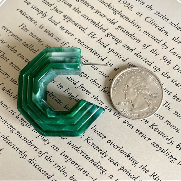 Green Jade Acrylic Swirl Hoop Earrings Small Marbled Style Huggie Hoops - Picture 3 of 3